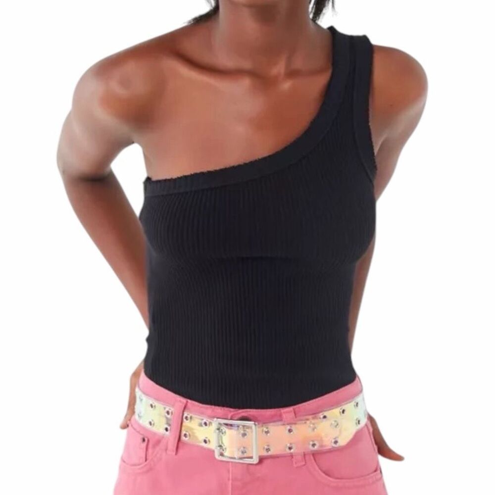 URBAN OUTFITTERS Women’s Black Ribbed One Shoulder Crop Top Size Large